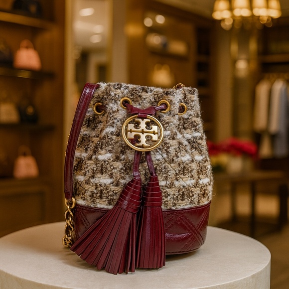 Tory Burch Handbags - NEW Tory Burch Soft Fleming Tweed Multi Color Red Mini Bucket Bag/Crossbody Bag